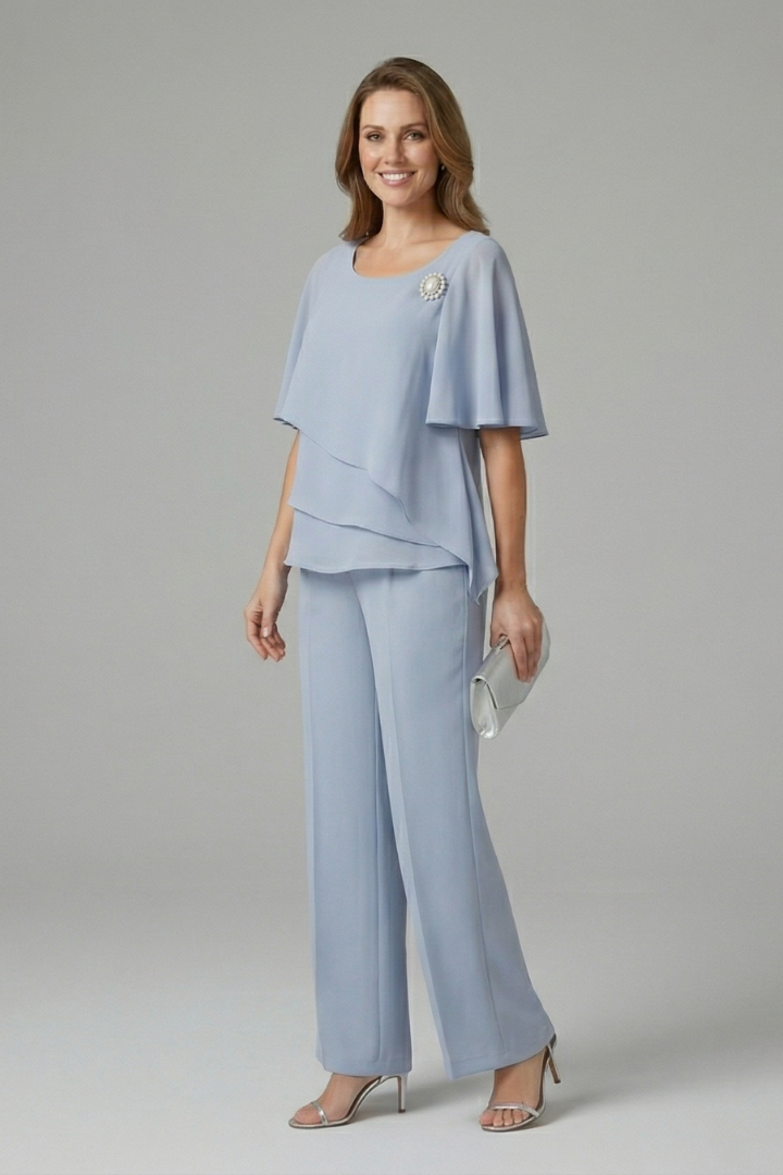 Damen Zweiteiler Set mit Lagenlook Oberteil und Hose mit geradem Bein | Modernes Set mit Rundhalsausschnitt und Schlupfhose