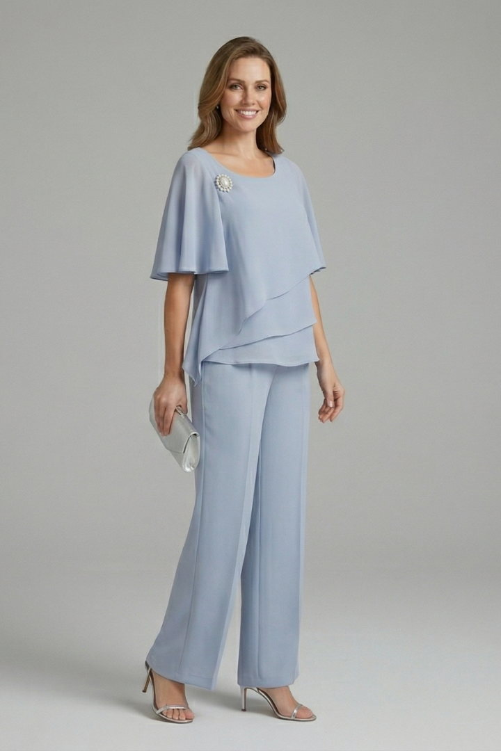 Damen Zweiteiler Set mit Lagenlook Oberteil und Hose mit geradem Bein | Modernes Set mit Rundhalsausschnitt und Schlupfhose