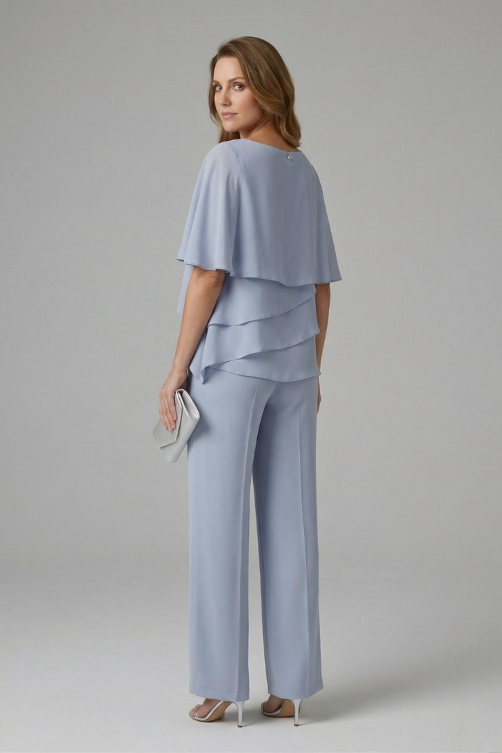 Damen Zweiteiler Set mit Lagenlook Oberteil und Hose mit geradem Bein | Modernes Set mit Rundhalsausschnitt und Schlupfhose