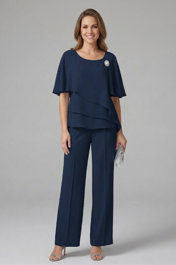 Damen Zweiteiler Set mit Lagenlook Oberteil und Hose mit geradem Bein | Modernes Set mit Rundhalsausschnitt und Schlupfhose