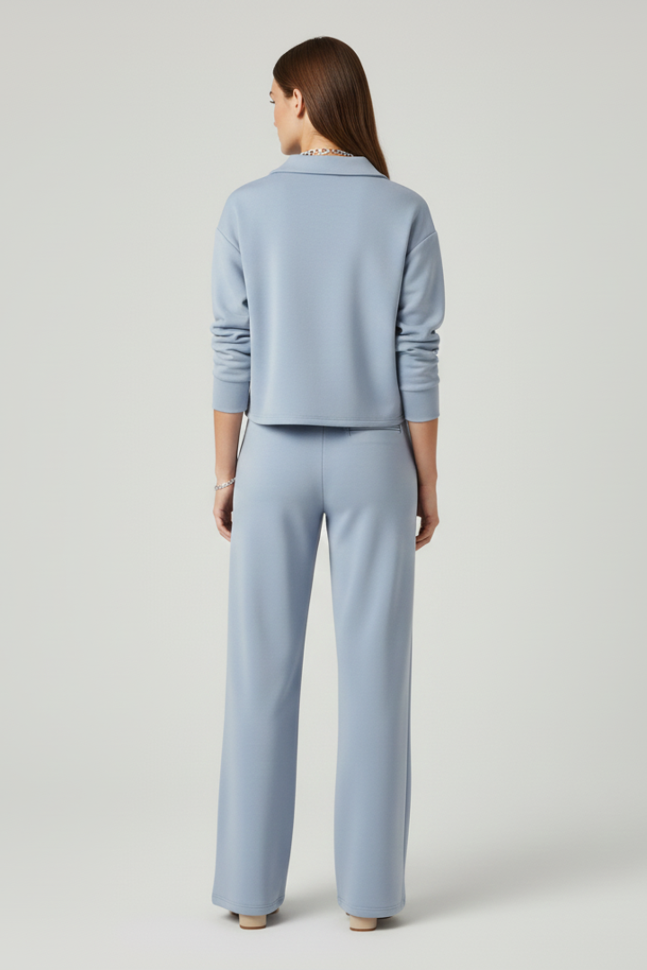 Two-piece women's set with V-neck top and wide pants | Comfortable pantsuit for everyday and office wear with drawstring waistband