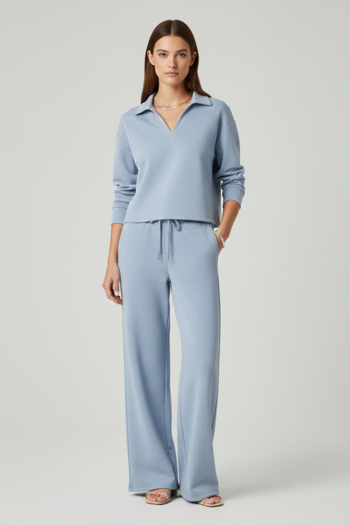 Two-piece women's set with V-neck top and wide pants | Comfortable pantsuit for everyday and office wear with drawstring waistband