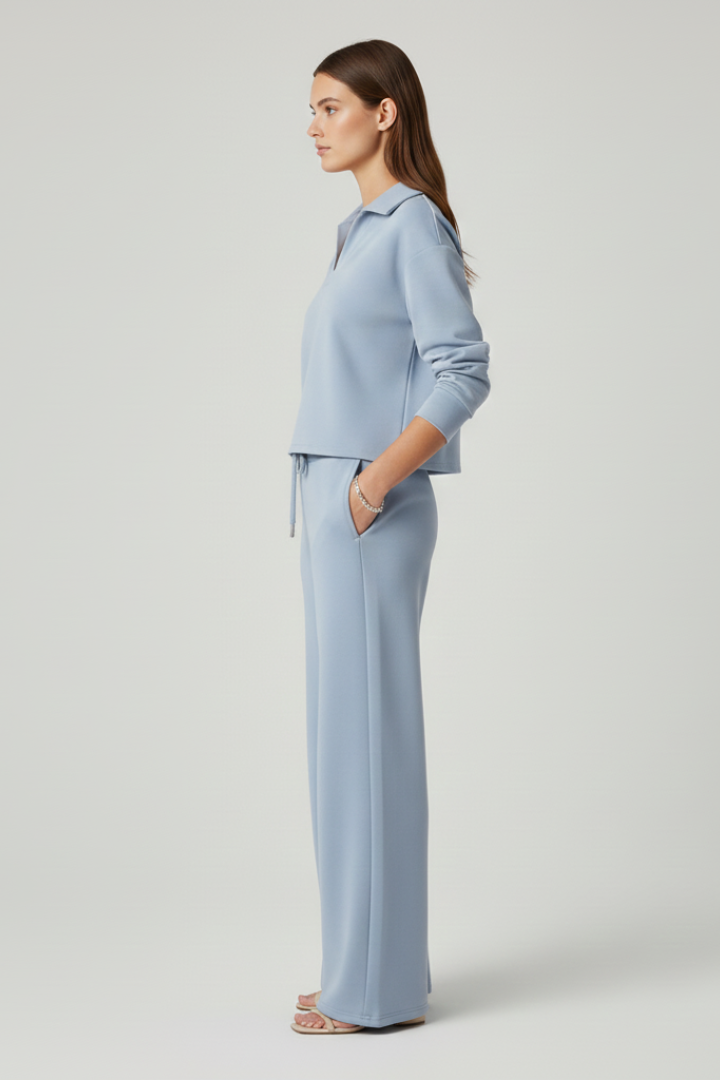 Two-piece women's set with V-neck top and wide pants | Comfortable pantsuit for everyday and office wear with drawstring waistband