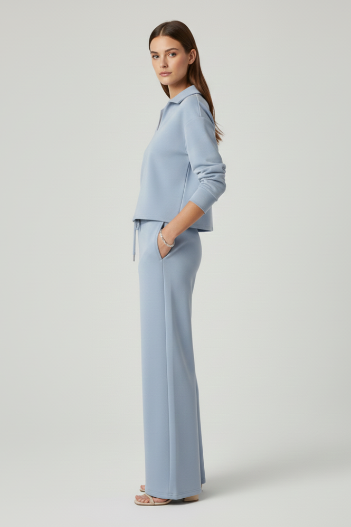 Two-piece women's set with V-neck top and wide pants | Comfortable pantsuit for everyday and office wear with drawstring waistband