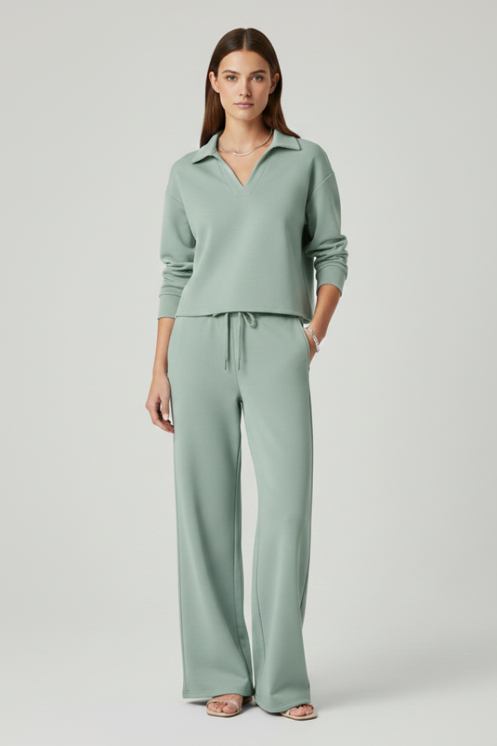 Two-piece women's set with V-neck top and wide pants | Comfortable pantsuit for everyday and office wear with drawstring waistband