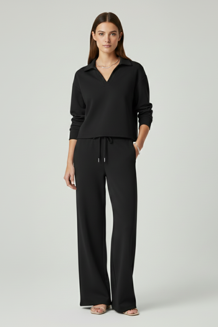 Two-piece women's set with V-neck top and wide pants | Comfortable pantsuit for everyday and office wear with drawstring waistband