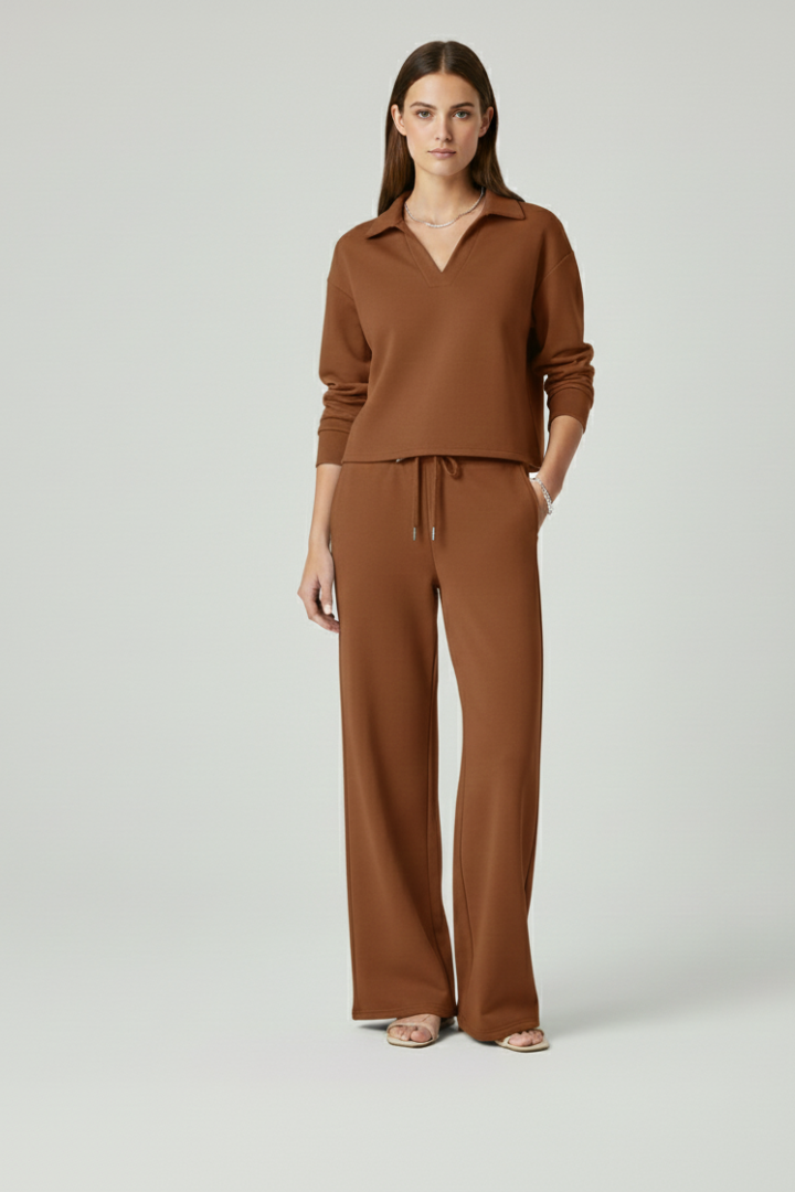 Two-piece women's set with V-neck top and wide pants | Comfortable pantsuit for everyday and office wear with drawstring waistband