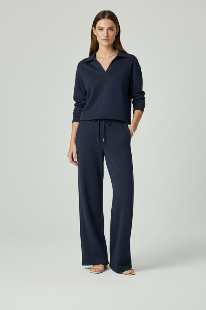 Two-piece women's set with V-neck top and wide pants | Comfortable pantsuit for everyday and office wear with drawstring waistband