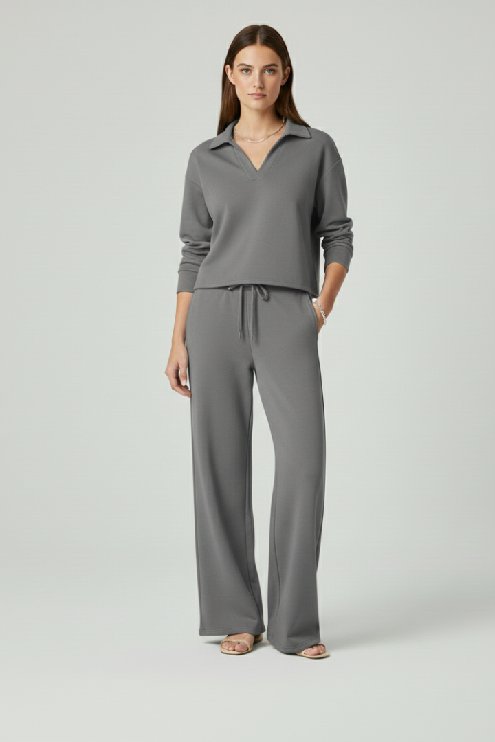 Two-piece women's set with V-neck top and wide pants | Comfortable pantsuit for everyday and office wear with drawstring waistband