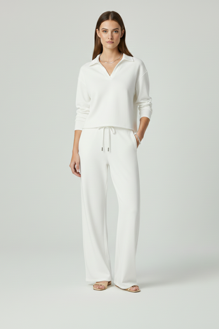 Two-piece women's set with V-neck top and wide pants | Comfortable pantsuit for everyday and office wear with drawstring waistband