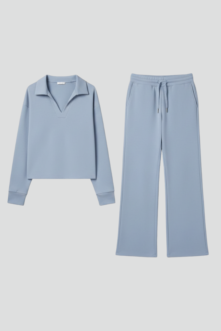 Two-piece women's set with V-neck top and wide pants | Comfortable pantsuit for everyday and office wear with drawstring waistband