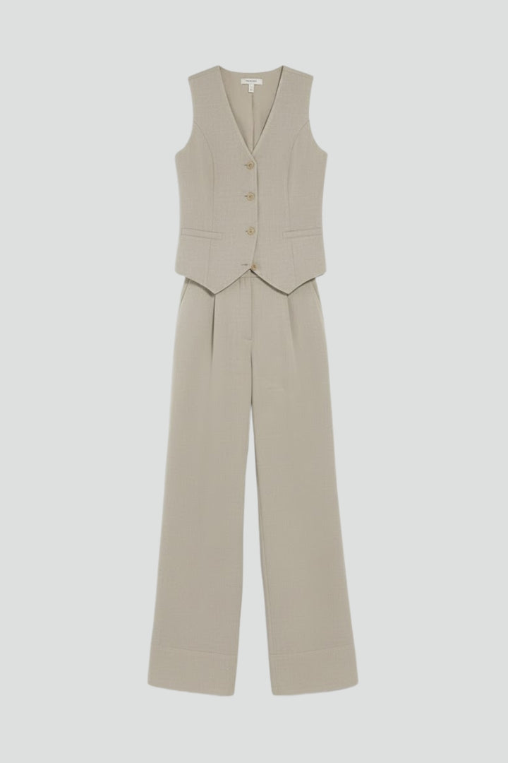 Damen Zweiteiler Set mit Weste und weiter Hose | Klassischer Hosenanzug mit V-Ausschnitt und High-Waist Stoffhose