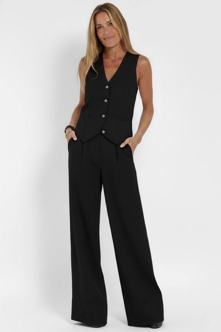 Damen Zweiteiler Set mit Weste und weiter Hose | Klassischer Hosenanzug mit V-Ausschnitt und High-Waist Stoffhose