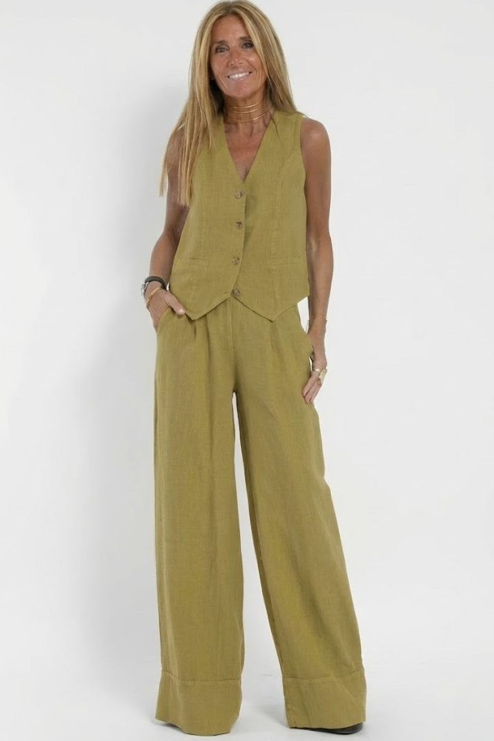 Damen Zweiteiler Set mit Weste und weiter Hose | Klassischer Hosenanzug mit V-Ausschnitt und High-Waist Stoffhose