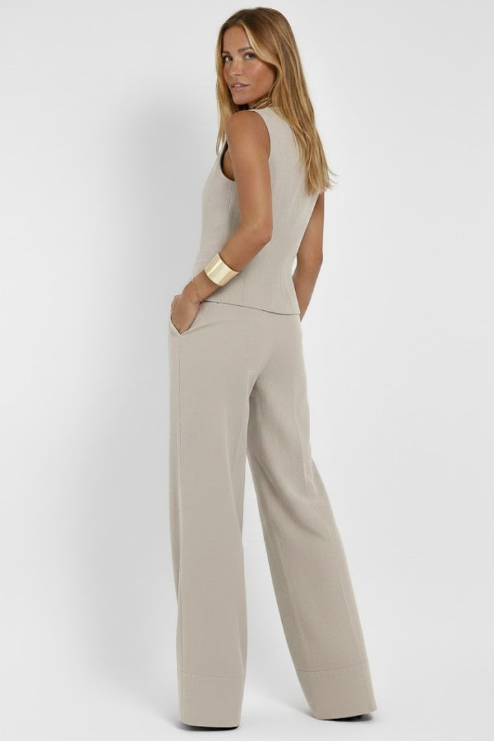 Damen Zweiteiler Set mit Weste und weiter Hose | Klassischer Hosenanzug mit V-Ausschnitt und High-Waist Stoffhose