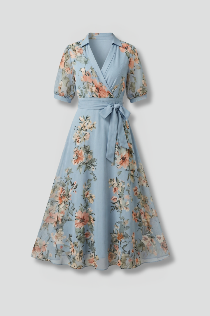 Damen Wickelkleid mit V-Ausschnitt und Bindegürtel | Florales Maxikleid mit kurzen Ärmeln | Luftiges Sommerkleid