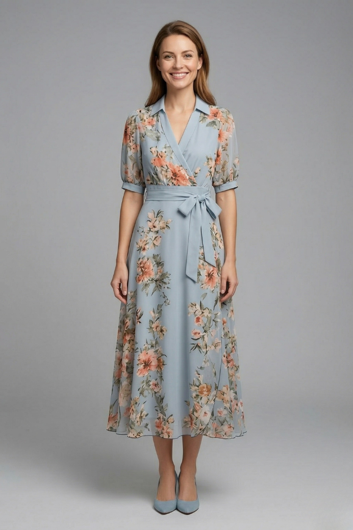 Damen Wickelkleid mit V-Ausschnitt und Bindegürtel | Florales Maxikleid mit kurzen Ärmeln | Luftiges Sommerkleid