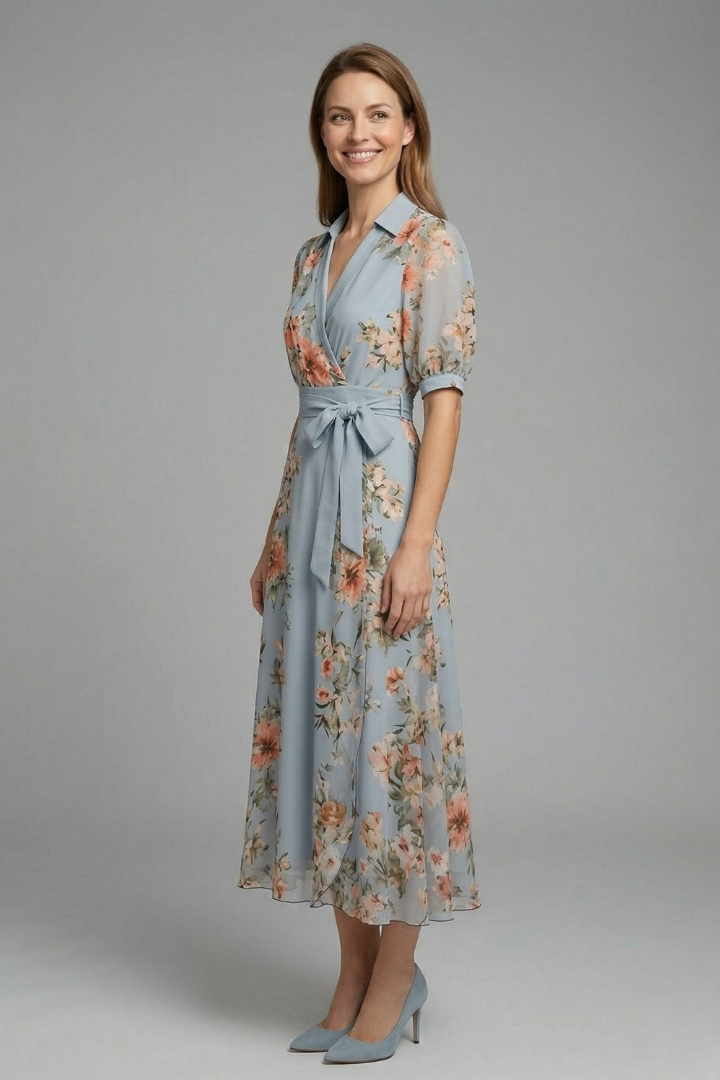Damen Wickelkleid mit V-Ausschnitt und Bindegürtel | Florales Maxikleid mit kurzen Ärmeln | Luftiges Sommerkleid