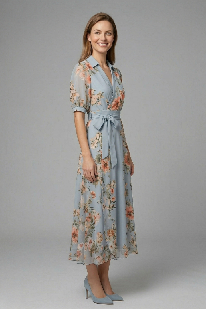 Damen Wickelkleid mit V-Ausschnitt und Bindegürtel | Florales Maxikleid mit kurzen Ärmeln | Luftiges Sommerkleid