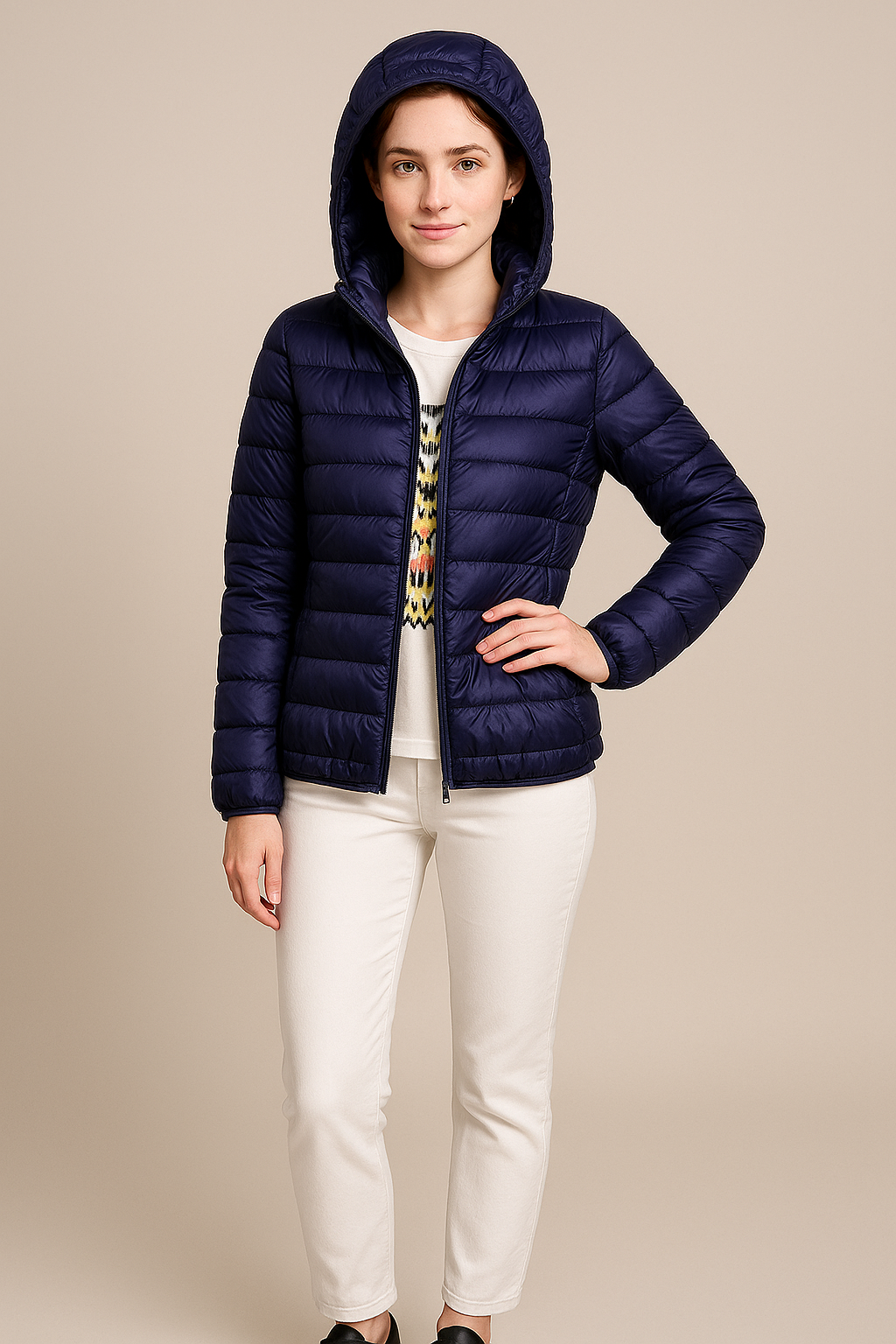 Taillierte, gesteppte Daunenjacke mit Kapuze für Damen