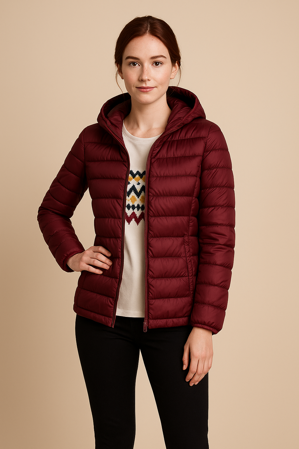Taillierte, gesteppte Daunenjacke mit Kapuze für Damen