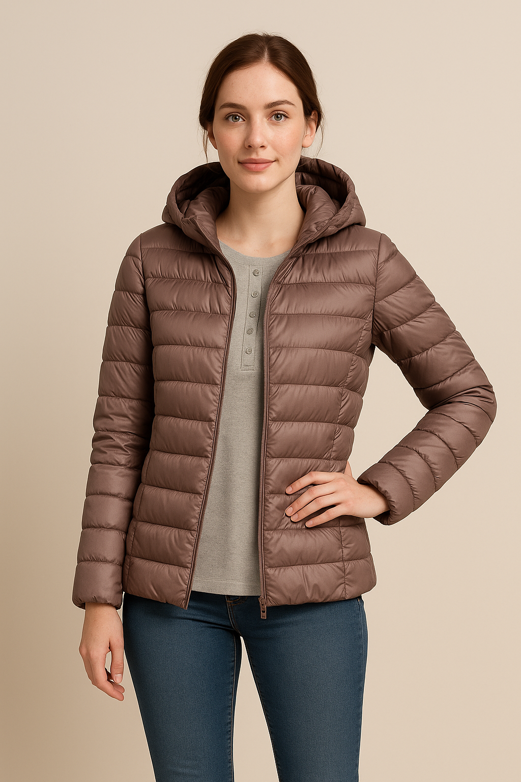Taillierte, gesteppte Daunenjacke mit Kapuze für Damen