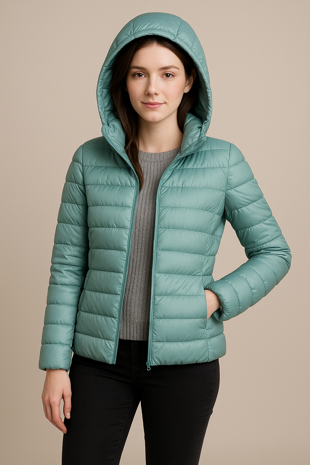 Taillierte, gesteppte Daunenjacke mit Kapuze für Damen