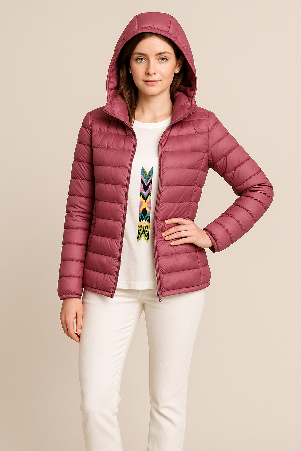 Taillierte, gesteppte Daunenjacke mit Kapuze für Damen
