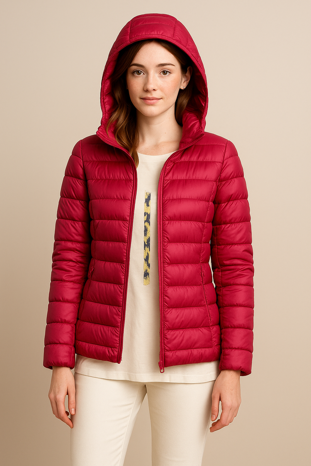 Taillierte, gesteppte Daunenjacke mit Kapuze für Damen