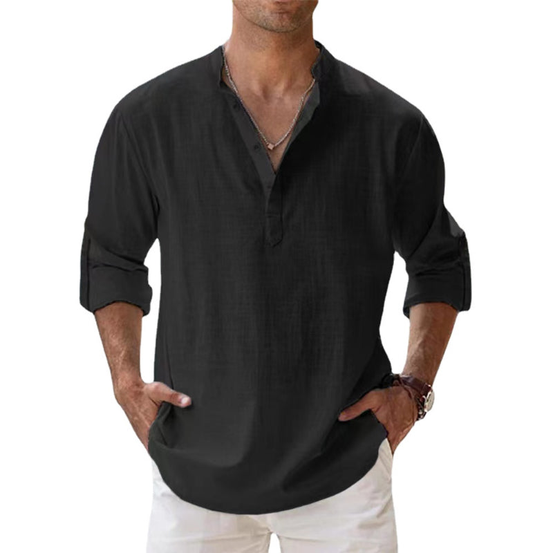 Men's Linen Shirt with Henley Neckline | Breathable Summer Shirt Made of Lightweight Linen | Classic Long-Sleeve Casual Shirt