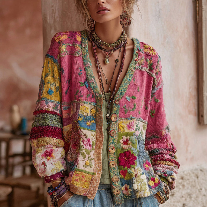 Women's Patchwork Cardigan with Floral Embroidery | Chunky Knit Cardigan with V-Neck and Button Placket | Loosely Fitted