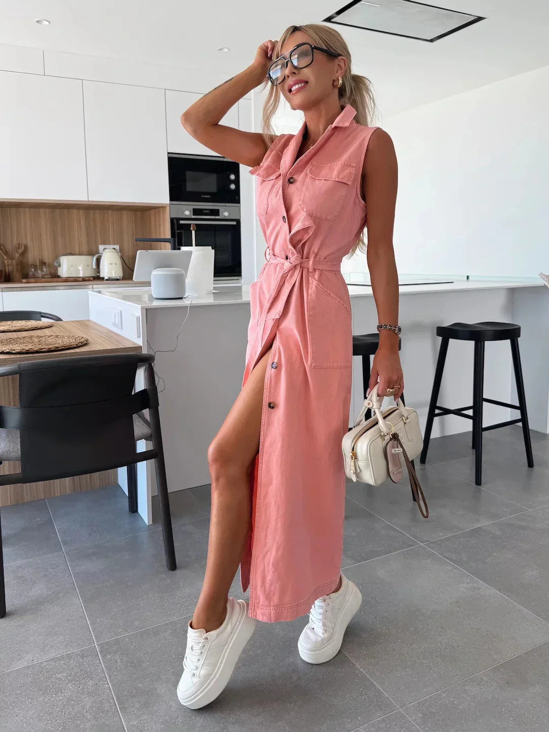 Women's Midi Dress in Denim Look | Lightweight Summer Dress with Side Slit and Belt | Sleeveless Casual Dress with Button Placket