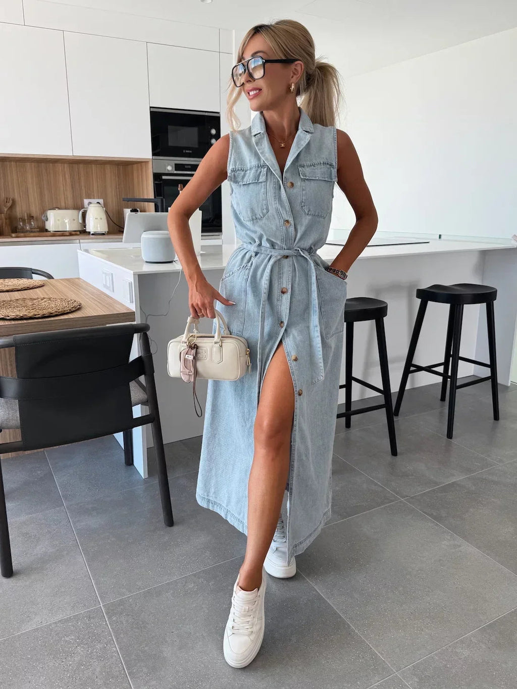 Women's Midi Dress in Denim Look | Lightweight Summer Dress with Side Slit and Belt | Sleeveless Casual Dress with Button Placket