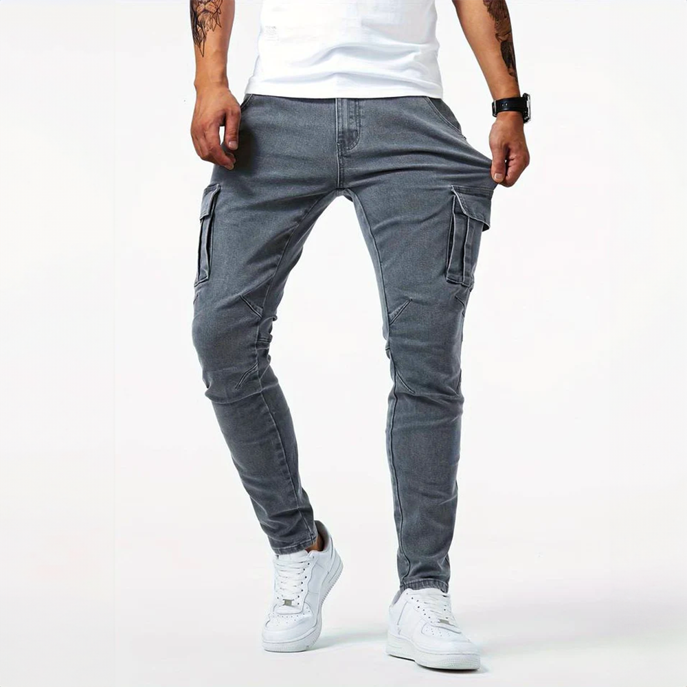 Men's cargo jeans made from elastic stretch denim | Slim fit casual pants with practical side pockets for work and leisure