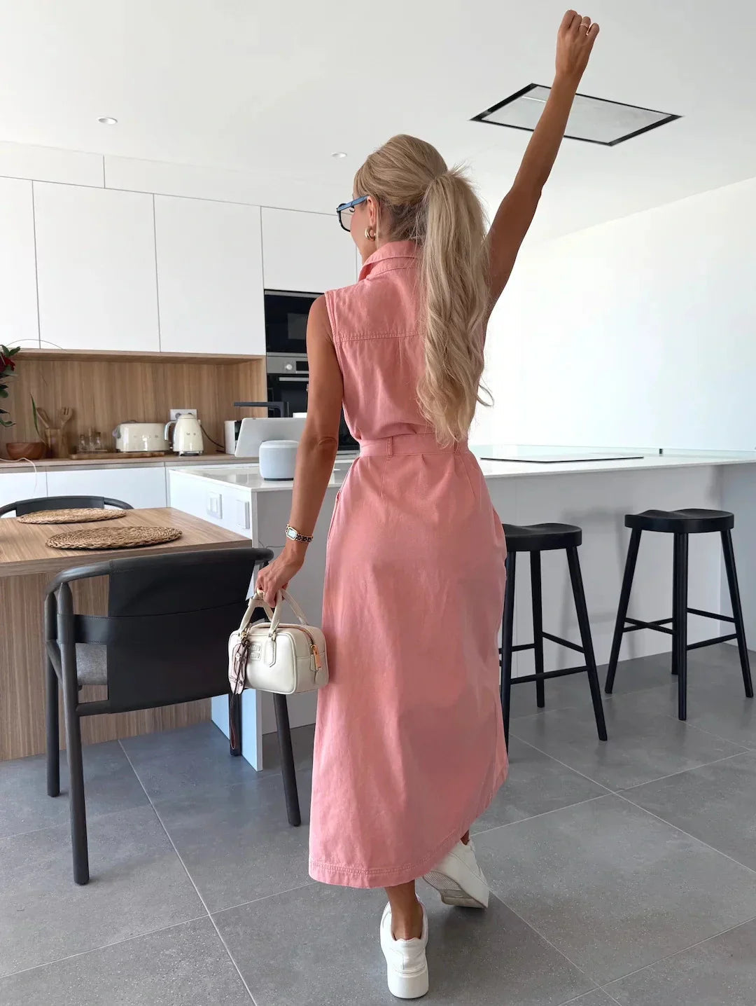 Women's Midi Dress in Denim Look | Lightweight Summer Dress with Side Slit and Belt | Sleeveless Casual Dress with Button Placket