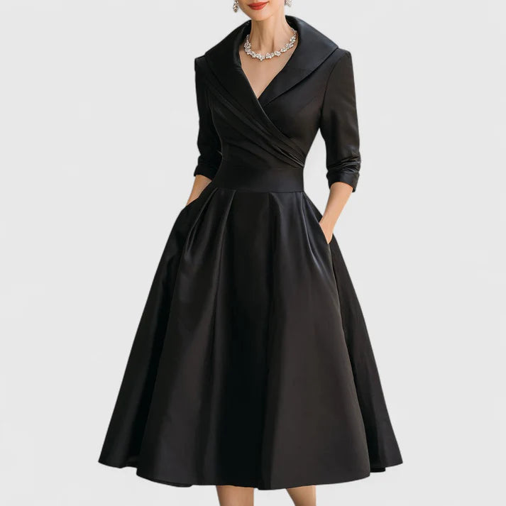 Classic Women's Wrap Dress with V-Neck | Elegant Midi Dress with 3/4 Sleeves and Practical Side Pockets