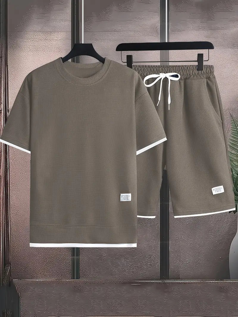 Waffle Knit Set for Men | Short Sleeve T-Shirt and Shorts Two-Piece | Breathable Casual Set with Drawstring | Relaxed Fit