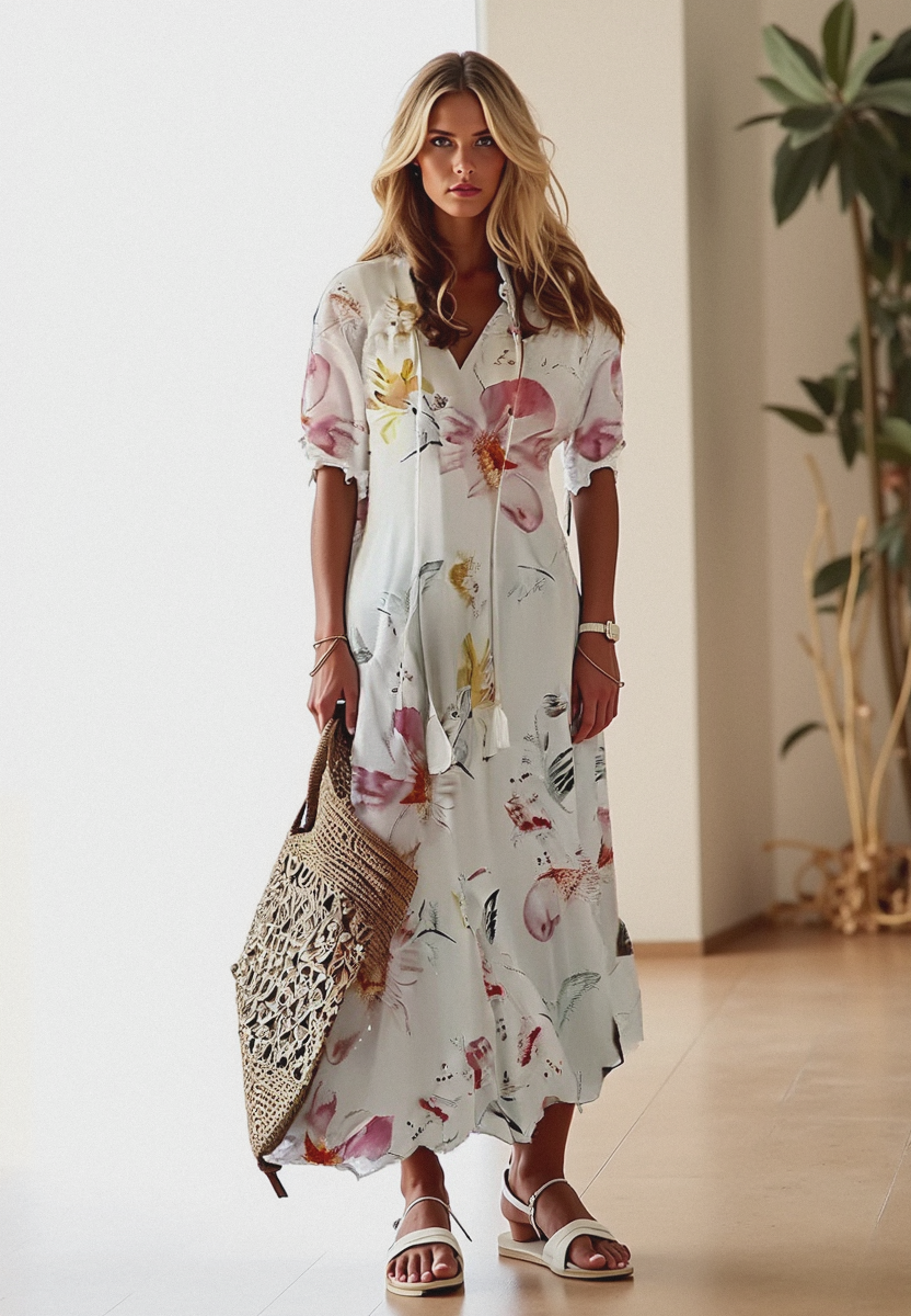 Damen Maxikleid im Boho-Stil – Luftiges Sommerkleid mit kurzen Ärmeln & entspannter Passform – Ideal für Strand & Freizeit