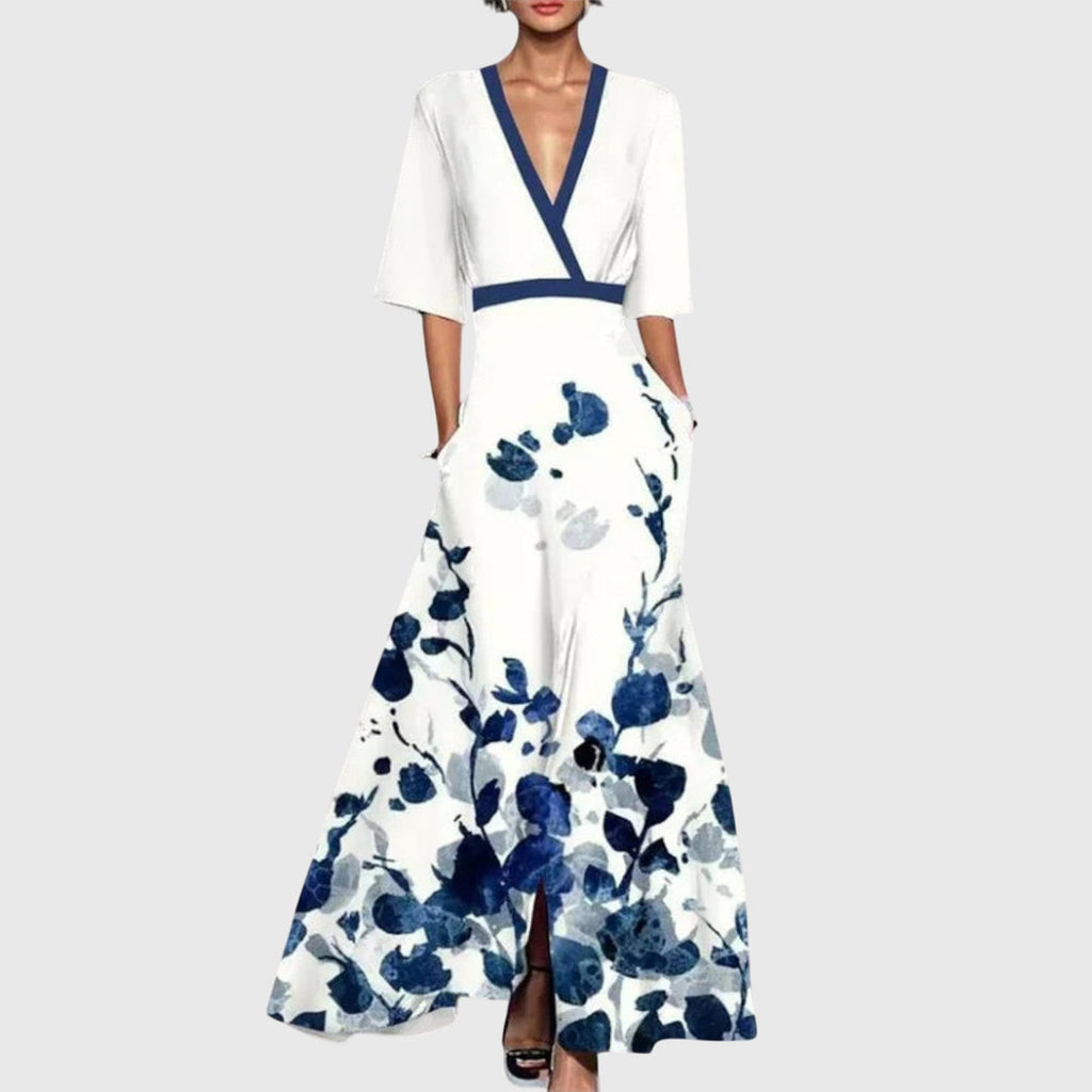 Maxikleid Damen mit V-Ausschnitt und Blumenmuster | Elegantes Wickelkleid mit kurzen Ärmeln für festliche Anlässe und Sommer