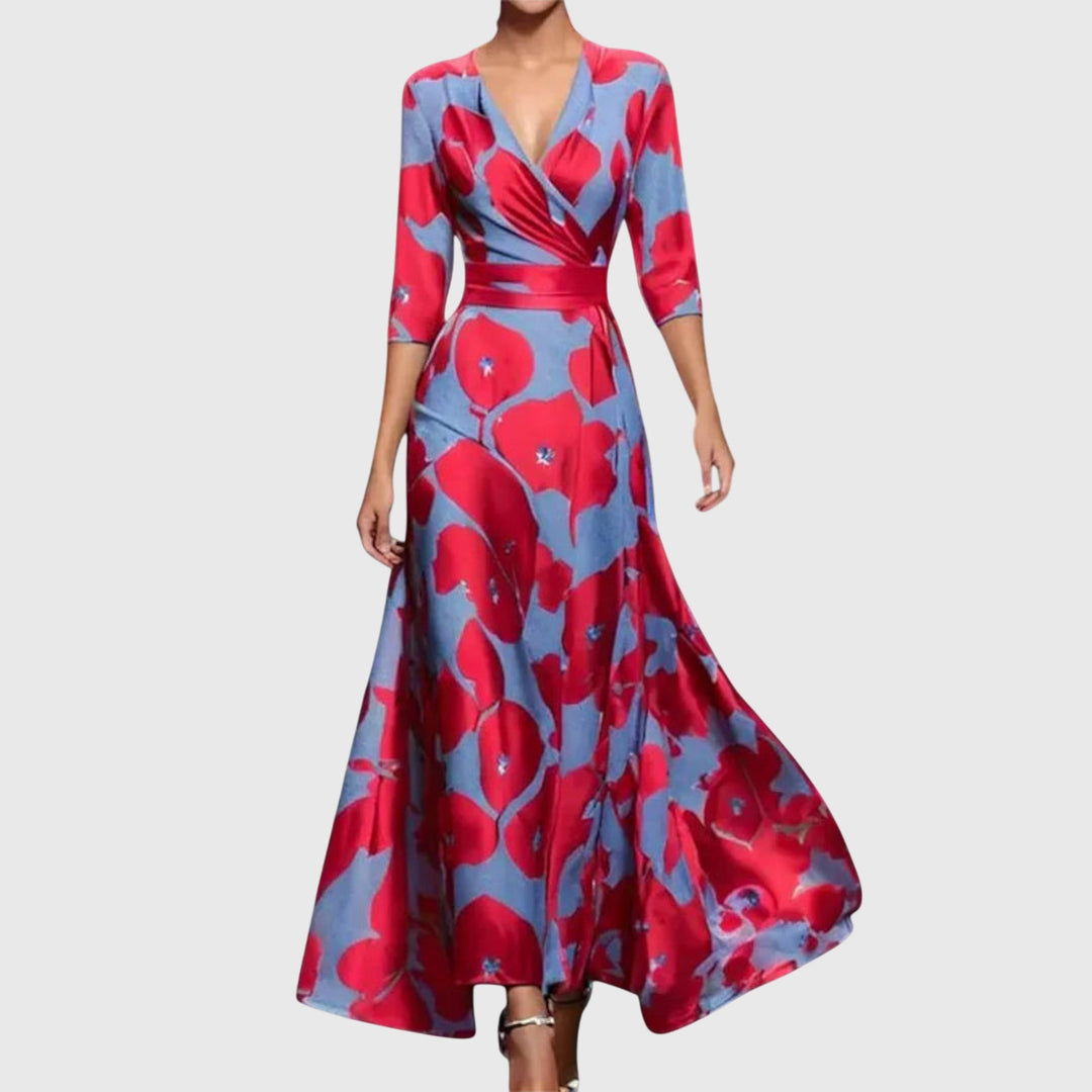 Maxikleid Damen mit V-Ausschnitt und Blumenmuster | Elegantes Wickelkleid mit kurzen Ärmeln für festliche Anlässe und Sommer