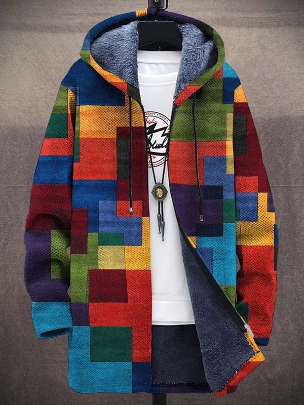 Men's Fleece Jacket with Hood and Zipper | Warm Hooded Cardigan in Colorblock Design | Comfortable Fleece Sweatshirt Jacket
