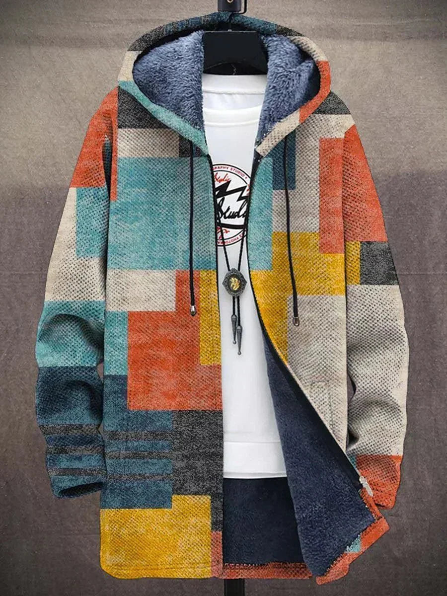 Men's Fleece Jacket with Hood and Zipper | Warm Hooded Cardigan in Colorblock Design | Comfortable Fleece Sweatshirt Jacket