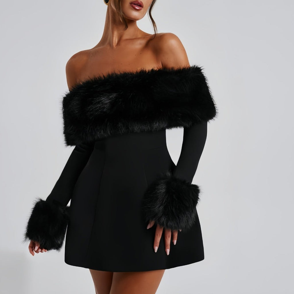 Off Shoulder Minikleid für Damen mit Kunstfellbesatz und elegantem Schnitt