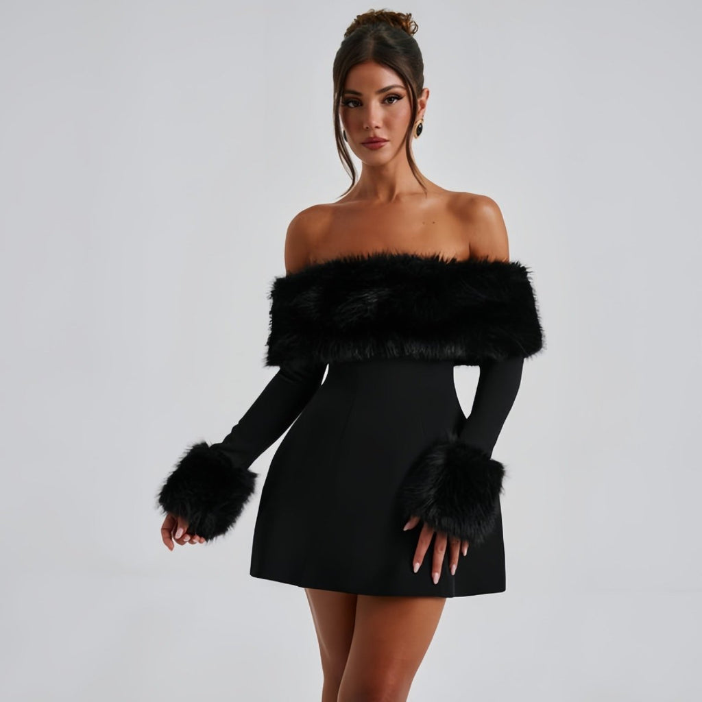 Off Shoulder Minikleid für Damen mit Kunstfellbesatz und elegantem Schnitt