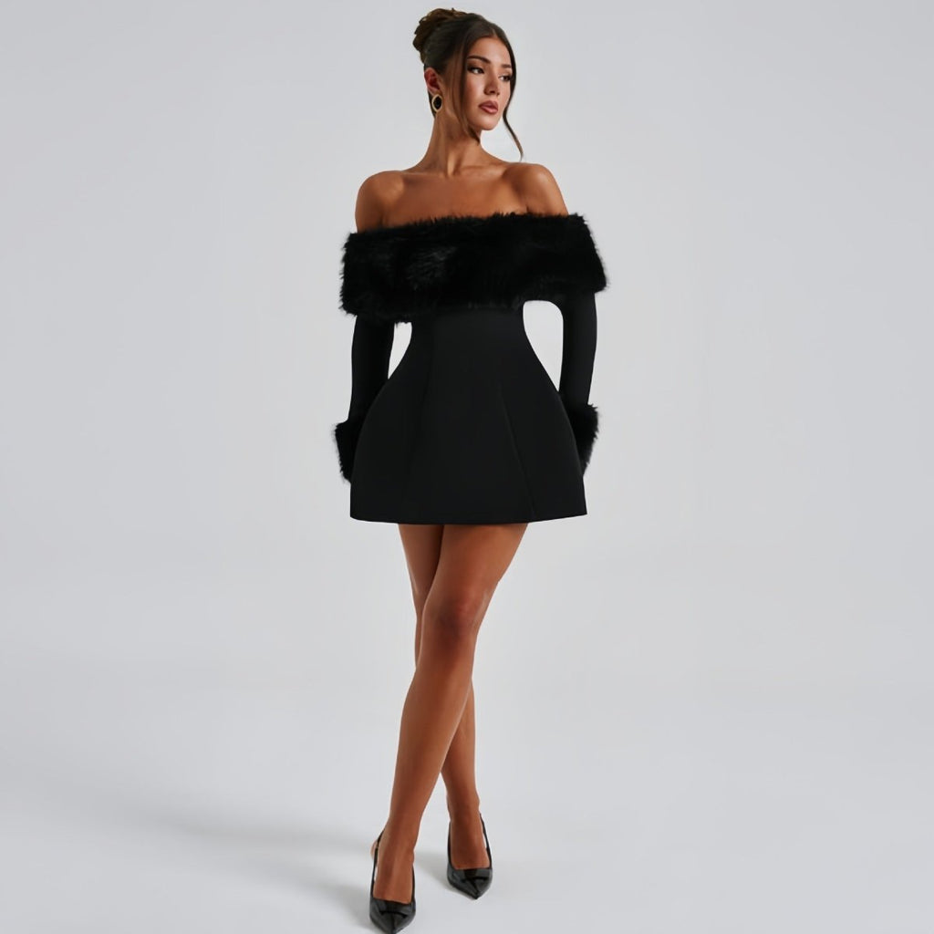 Off Shoulder Minikleid für Damen mit Kunstfellbesatz und elegantem Schnitt