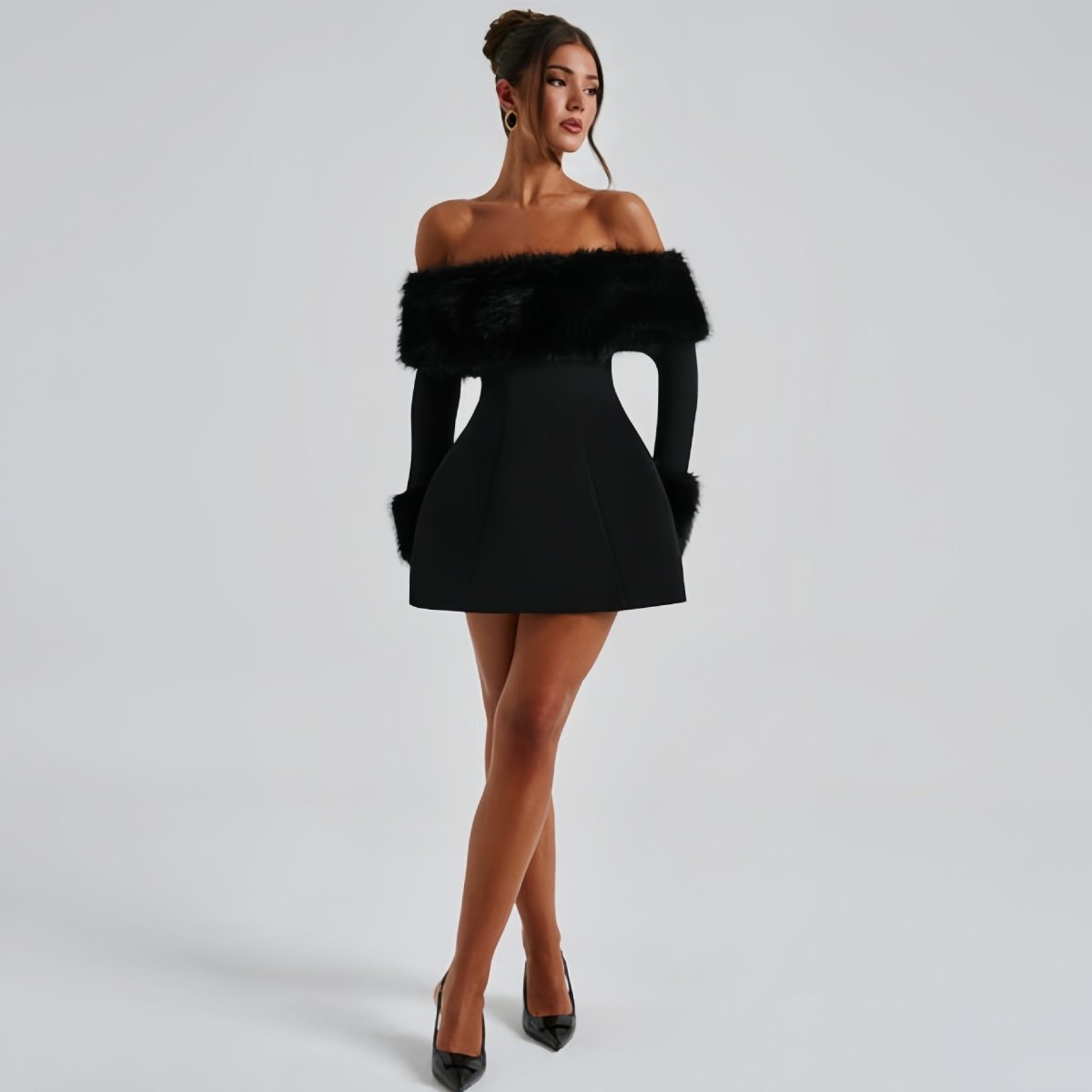 Off Shoulder Minikleid für Damen mit Kunstfellbesatz und elegantem Schnitt