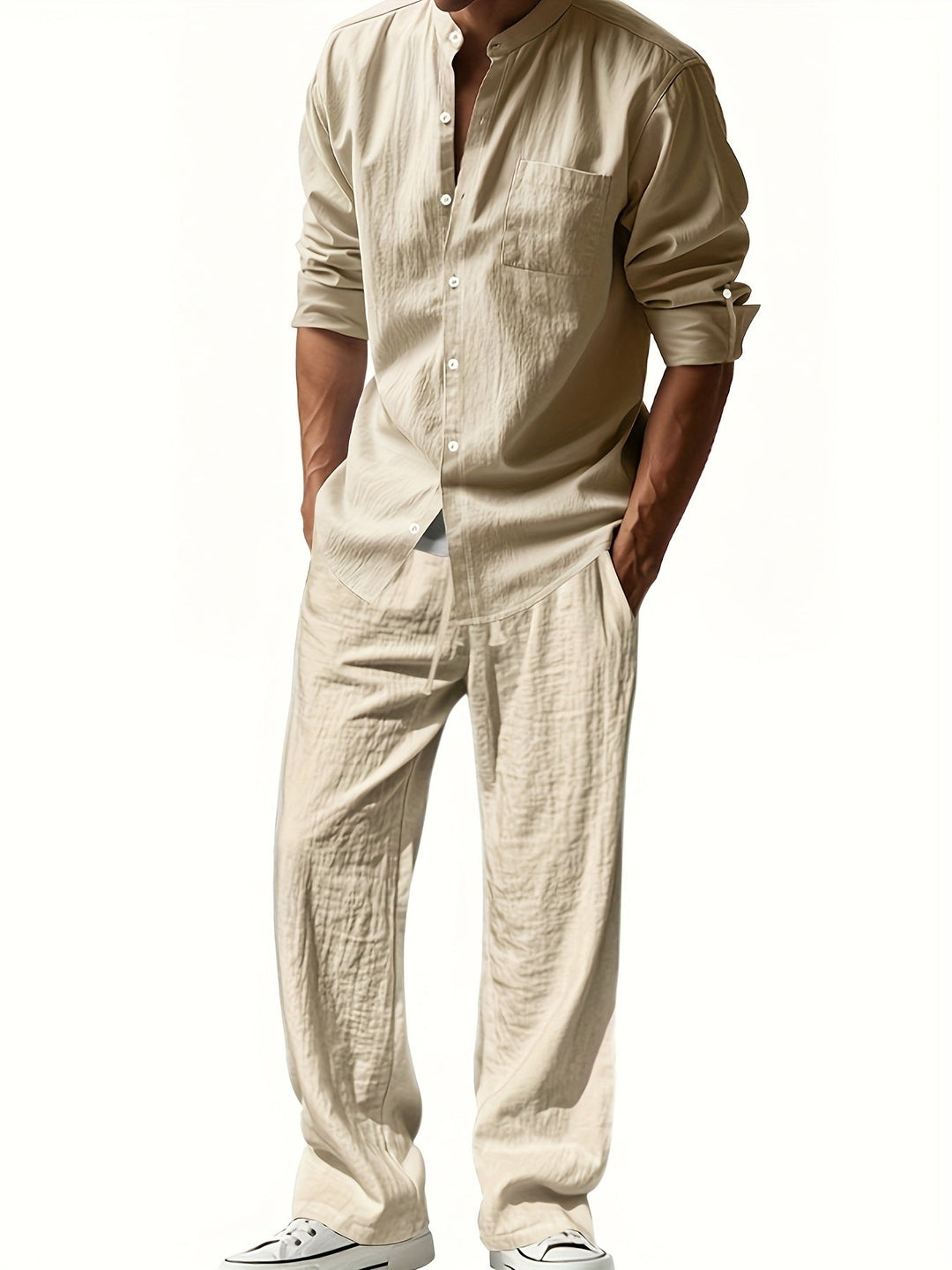 Linen Set for Men | Airy Summer Set made of breathable linen with a stand-up collar shirt and relaxed fit pants for vacation