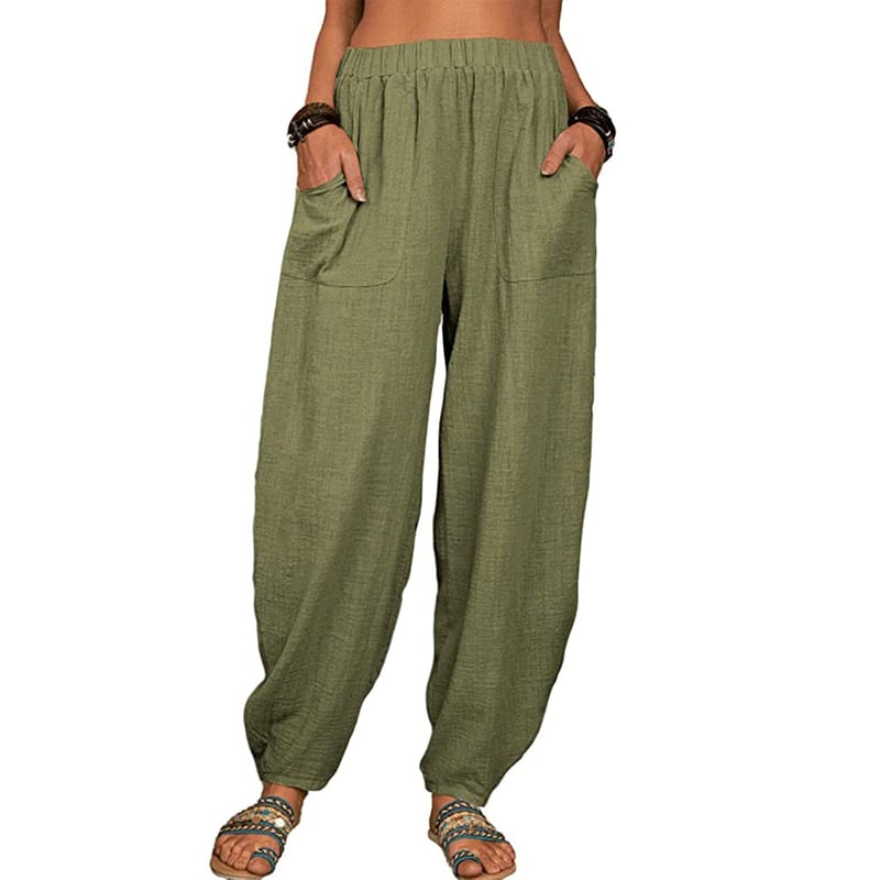 Leinenhose Damen mit Gummibund | Bequeme Haremshose aus Baumwolle-Leinen-Mix | Luftige Freizeithose mit Taschen für den Alltag