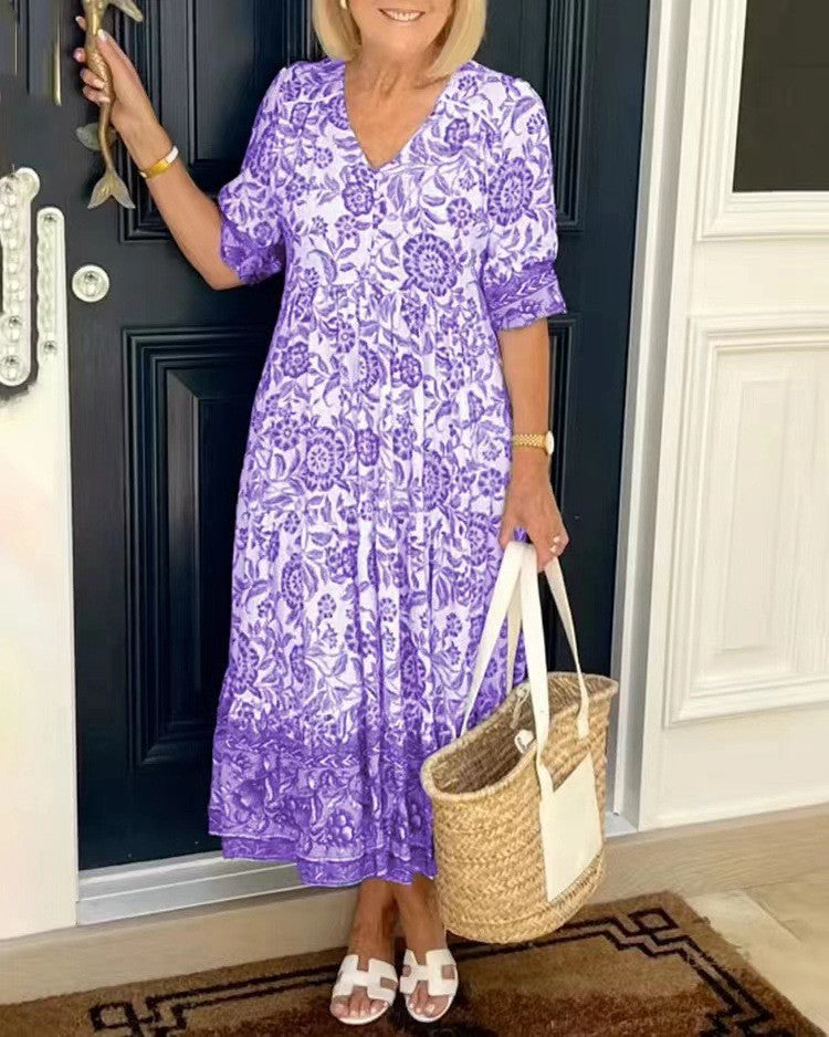 Women's Maxi Dress with Floral Pattern | Airy Summer Dress with V-Neck | Floral Casual Dress for Every Day