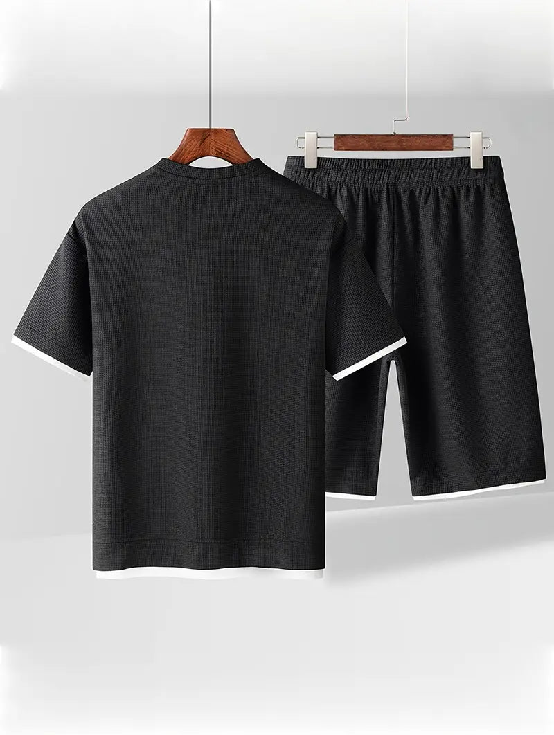 Waffle Knit Set for Men | Short Sleeve T-Shirt and Shorts Two-Piece | Breathable Casual Set with Drawstring | Relaxed Fit